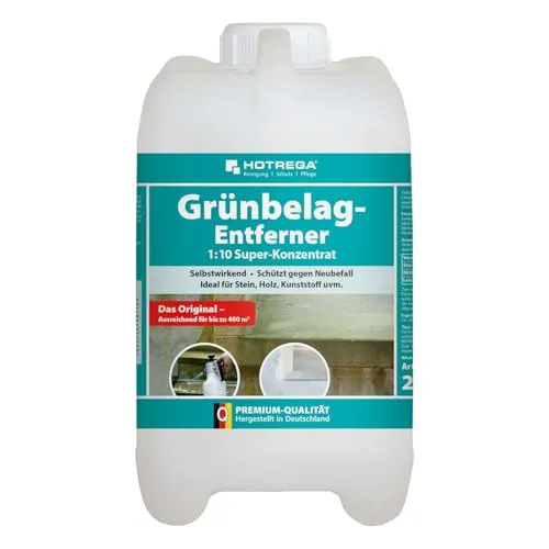 HOTREGA Grünbelagentferner Super Konzentrat - 2 Liter Großgebinde - Reinigungsmittel zur effektiven Entfernung von Algen und Grünbelägen. Selbstwirkend, pH-neutral und ideal für alle Oberflächen. Ergiebig bis zu 200 m² pro Liter!