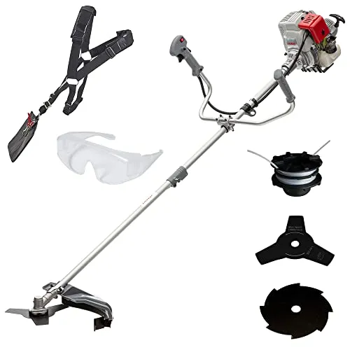 IKRA Benzin Freischneider Trimmer IBF 31-4 - Rasentrimmer mit 4-Takt-Motor, geringerem Schadstoffausstoß und leichtem Startsystem, ideal für hohe Gräser und Gestrüpp. Inkl. Fadenspule, Dickichtmesser, Schultergurt und Schutzbrille für optimalen Komfort.