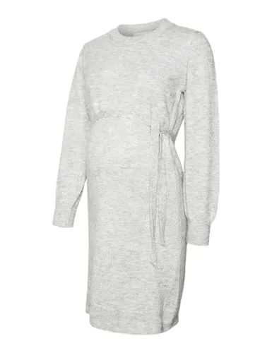 MAMALICIOUS Damen Mlnewanne L/S Abk Knit Dress A. Noos, Light Grey Melange, L - Freizeitkleid für Damen mit gerippten Ärmelbündchen und Gürtel, perfekt für einen lässigen und zugleich eleganten Look.