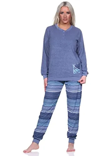 Normann Damen Frottee Schlafanzug Langarm mit Bündchen - Streifenhose, Farbe: blau-Melange, Größe: 36/38 - Kuscheliger Frottee Schlafanzug für kalte Winternächte. Der weiche Stoff sorgt für höchsten Komfort, während die lockere Passform und Knopfleiste das An- und Ausziehen erleichtern. Auch in Übergrößen erhältlich!