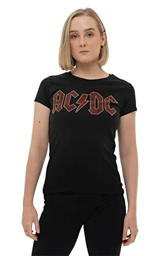 ACDC Damen AC/DC Full Colour Diamante Logo Official Womens Skinny Fit Black T-Shirt, XXL