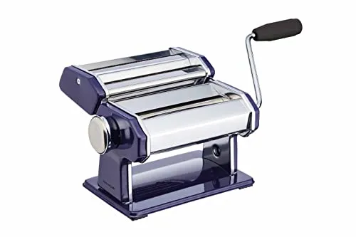 KitchenCraft World of Flavours Nudel-Maschine als Pasta-Maker aus Edelstahl mit Tischzange - 9 Teigstärken - in Blau - 20 x 34 x 25 cm - Nudel-Walze