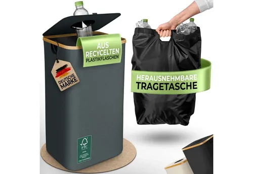 Glückstoff® Pfandflaschen Sammelbehälter mit Tragetasche - Müllsackständer für 100 Liter Leergut, mit patentiertem Einwurfloch für hygienische Entsorgung und praktischer, waschmaschinenfester Tragetasche für einfachen Transport.