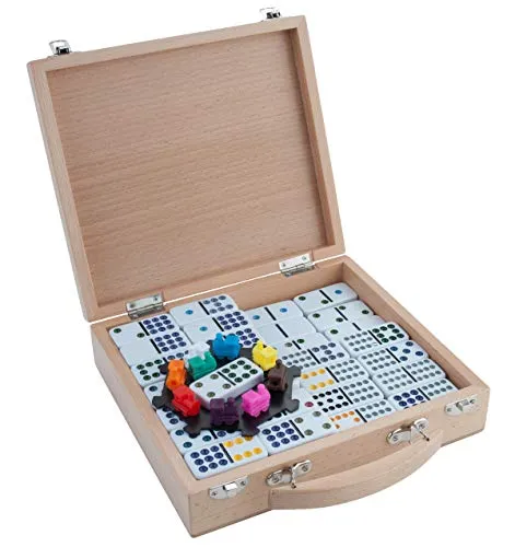 Engelhart Mexican Train Domino Set mit Holz Koffer - Domino-Spiele: Hochwertiger Holzkoffer mit 91 Teilen, ideal für Familienspiele ab 6 Jahren. Inklusive Bahnhof, farbigen Zügen und mehrsprachigen Spielregeln.