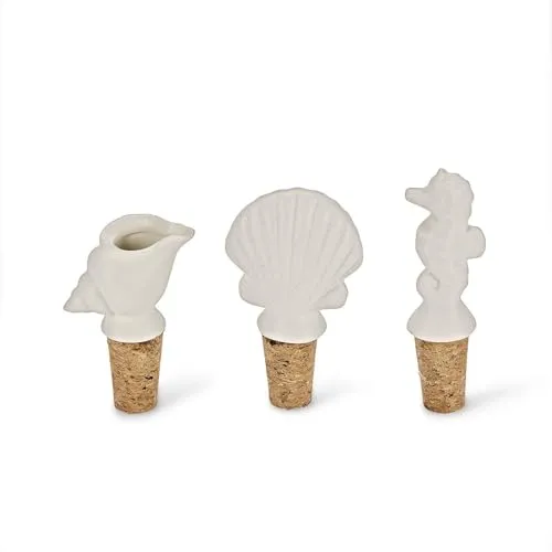 LOBERON Flaschenverschluss 3er Set Frisennier, nautische Formen, maritimes Flair, zum Schutz der Aromen, Küchenutensilien, Tischaccessoires, Porzellan, Kork, weiß