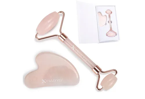 Habys Massageliege Gua Sha Massage-Set aus Rosenquarz, Stein & Roller für Gesichtspflege