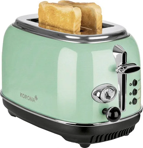 KORONA Retro 2-Scheiben Toaster mint - Schwarz/Grün - Toaster, 810W Leistung mit stufenlos einstellbarem Bräunungsgrad und Röstgradanzeige. Genießen Sie knusprigen Toast im Retro-Design und bringen Sie Farbe in Ihre Küche!
