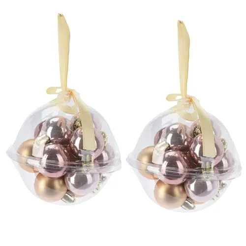 Mini Baumkugeln Ø 3 cm zum Hängen - Bruchsicher aus Kunststoff - Baumschmuck für Innen und Außen - Kleine Christbaumkugeln (Rosa + Gold (matt + Glanz)) 24 x