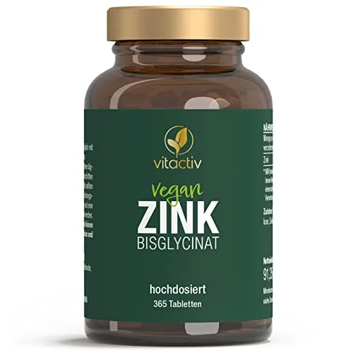 VITACTIV Zink 25 mg - Zink Tabletten mit Zinkbisglycinat - Für Immunsystem, Knochen, Haut, Haare, Nägel - Hochdosiert, Vegan, Hoch Bioverfügbar - Laborgeprüft, aus Deutschland - 365 Zinktabletten
