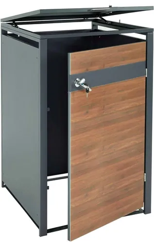 HW Mülltonnenbox HWC-J82 - Mülltonnenverkleidung in anthrazit mit Kirsche-Holzoptik, perfekt zum Verstecken von Mülltonnen und für einen aufgeräumten Garten.