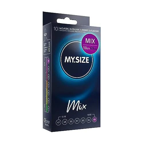 MY.SIZE Mix Premium Kondome Größe 7, 69 mm – 10 Stück | 4 Varianten: Classic, Genoppt, Blau & Rot |