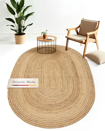 carpetfine Juteteppich Nele Beige handgewebt aus Jute 70x140 cm | Oval Naturfaserteppich im Boho Style für Wohnzimmer, Küche und im Flur