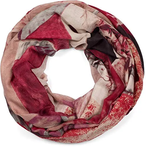 styleBREAKER Damen Loop Schal mit Hirsch Print und geometrischer Einteilung, Schlauchschal mehrfarbig, Tuch 01017131, Farbe:Altrose-Bordeaux