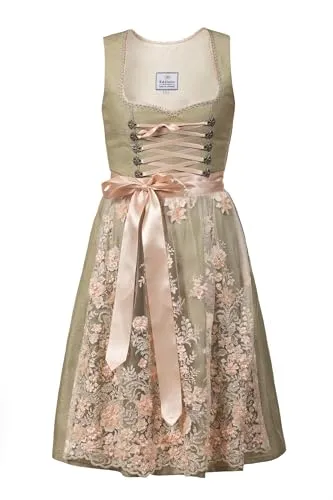 Edelnice Trachtenmode Midi Dirndl Simona in Pastell Grün - Elegantes Dirndl in zarten Pastellfarben mit bestickter Spitzenschürze und feinen Details. Ideal für festliche Anlässe und garantiert ein angenehmes Tragegefühl.
