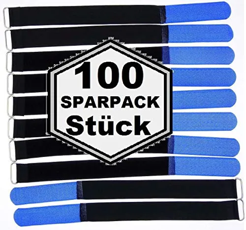100x 30 cm x 25 mm wiederverschließbare Klett-Kabelbinder BLAU mit Metall-Öse - Kabel-Klettband 300 mm wiederverwendbar