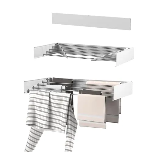 Wasophoogte® Wäscheständer Ausziehbar - Wandmontage, 5m Trockenlänge, Klappbarer Wäschetrockner 100cm, Weiß, Robust & Platzsparend, Ideal für Innen- und Außenbereich