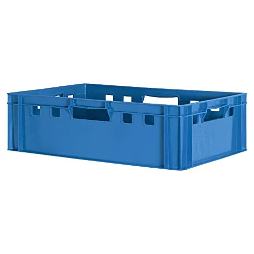 Kingpower Allzweckkiste E2 - Stapelkiste für Metzger und Obsthändler - Vielseitige Fleischkiste E2 zum Stapeln, ideal für sichere Aufbewahrung und Transport von Lebensmitteln. Robuste, wasserdichte Kunststoffkiste in Blau, perfekt für Gewerbe und Haushalt.