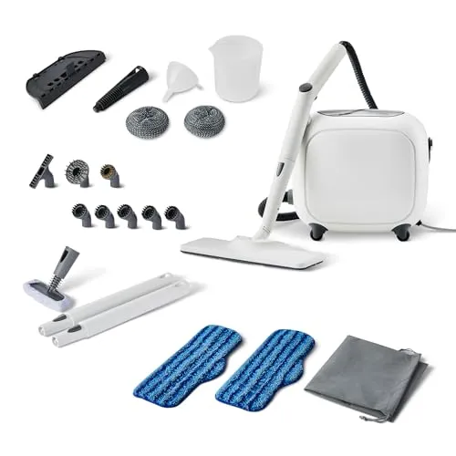 Amazon Basics Mehrzweck-Dampfreiniger, 1500W, 1,5-l-Tank, 22 Zubehörteile, 5,5-m-Kabel, für Haushalt mit Haustieren, Weiß