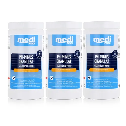 mediPOOL PH-Minus Granulat 1,5kg - pH-Wert Senkung für Pools (3er Pack) - Effektives Granulat zur pH-Wert Senkung, ideal für die Pflege Ihres Pools. Sorgt für klares Wasser und sorgt für optimale Bedingungen. Praktische 3er Packung für langfristige Nutzung.