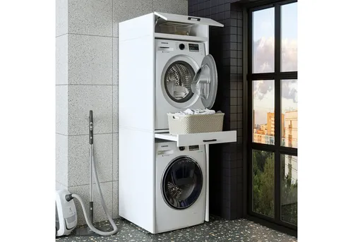 Roomart Waschmaschinenumbauschrank Waschturm mit Ausziehbrett & Hochschrank - Praktischer Waschmaschinenumbauschrank für Trockner und Waschmaschine – mit integriertem Ausziehbrett für Wäschekorb und zusätzlichem Stauraum im Hochschrank. Robuste Qualität sorgt für Langlebigkeit und Stabilität.
