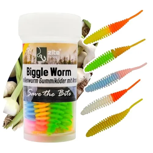 Zite Fishing Biggle Worm Gummiköder | 8 Stück Lamellen-Gummiwurm für Ultra Light Forellen Angeln | Made in Germany | 100% Phthalatfrei (Schock, Knoblauch)