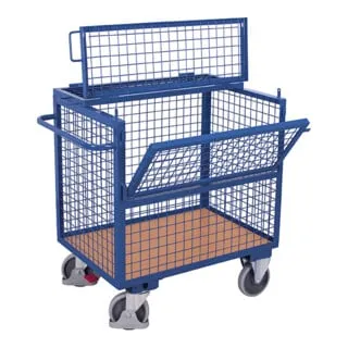Drahtkastenwagen 500 kg mit Deckel - stabil und vielseitig - Transportroller mit stabiler Winkelstahlkonstruktion und halb abklappbarer Längswand. Ideal für sicheres Transportieren von schweren Lasten bis 500 kg.