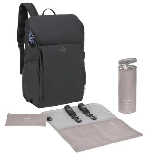 LÄSSIG Slender Up Backpack Black - Wickelrucksack mit Wickelunterlage - Wickeltaschen-Rucksack mit cleverer Organisation, inklusive isoliertem Flaschenhalter und Kinderwagenbefestigung. Ideal für stilvolle Eltern, die Funktionalität schätzen.