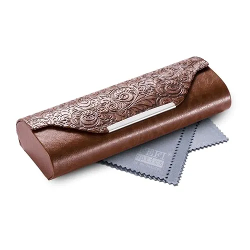 FEFI Brillenetui Hardcase - Edles Design in Relief-Leder-Optik mit Chrom-Applikation, robust und langlebig, inkl. hochwertigem Mikrofasertuch (braun)
