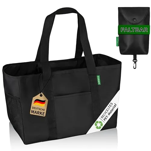 COTTARA® faltbare Einkaufstasche groß mit Zusatztasche zum klein falten | Einkaufskorb aus recyceltem Material | wasserabweisend und stabil | Ideal als Shopper, Badetasche oder Tragetasche Schwarz
