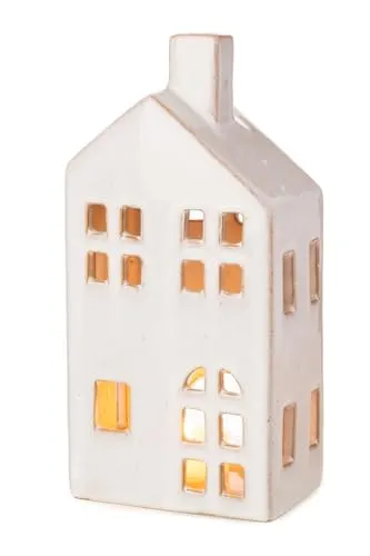 Windlicht Haus Keramik Creme | Teelichthalter | Dekohaus Weihnachtshaus | 21 cm