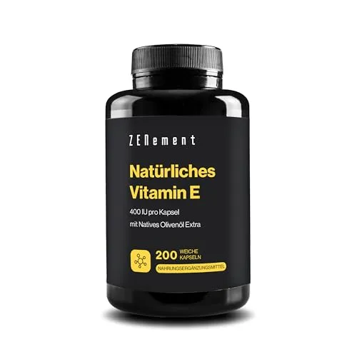 Natürliches Vitamin E, 400 IU pro Kapsel, 200 Weichkapseln | mit Bio-Natives Olivenöl Extra | Antioxidant und Anti-Aging | Mit spanischen Extra-Nativen Bio-Olivenöl | Zenement