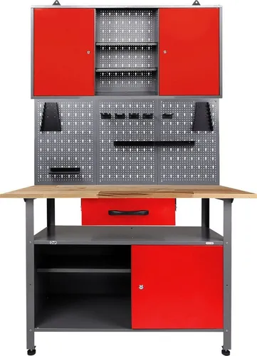 ONDIS24 Werkstatt-Set mit Werkbank und Werkzeugschrank - Werkstatt-Set in rot mit verstellbaren Füßen, abschließbarem Werkzeugschrank und 22-tlg. Hakenset – ideal für Hobbywerkstätten und kreative Projekte.