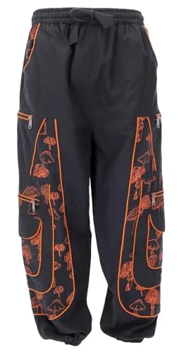 GURU SHOP Goahose Herren Yoga Hose - Bequeme Freizeithose mit Pilzdruck in Schwarz/Orange, Größe S - Bequeme Goa-Hose aus festem Baumwollstoff mit elastischem Bund, tiefem Schritt und praktischen Taschen. Ideal für entspannte Freizeitaktivitäten und den Einsatz im Frühling und Herbst.