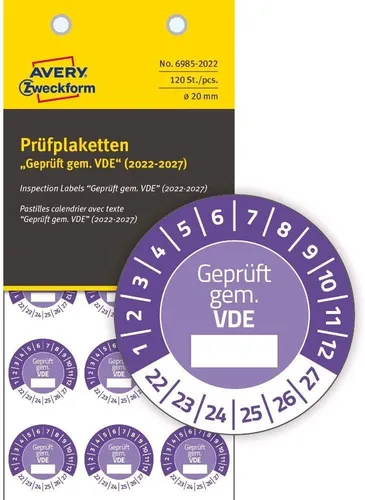 AVERY Zweckform 120 Prüfplaketten 2022-2027 Geprüft gem. VDE (fälschungssicher,
