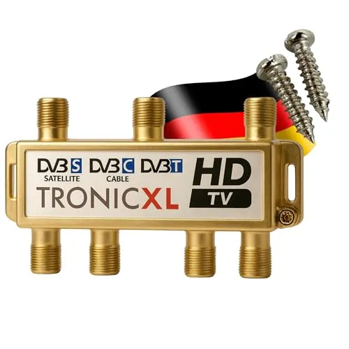 Premium 6-fach Sat Splitter Antennen Verteiler - Sat-Verteiler für Kabelfernsehen und DVB-T, mit integrierter Dämpfung bis 18dB für optimale Signalverteilung auf 6 Ausgänge.