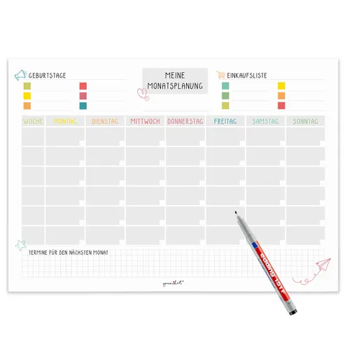 Magnetischer Monatsplaner I Whiteboard bunt undatiert I DIN A3 I Wochenplaner Ta