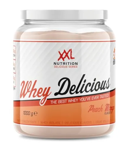 Whey Delicious Protein Pulver - Pfirsich/Mango - 1000 Gramm - Sportnahrung mit köstlichem Pfirsich/Mango-Geschmack, ideal für Muskelaufbau und Regeneration. Kostenloser Versand ab € 40 und Lieferung in 1 Werktag!