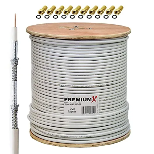 Premium X 250m Koaxialkabel 135dB - Optimaler Empfang für Ihr Home Entertainment - HiFi-Kabel mit 4-fach Abschirmung für hervorragenden Empfang. Ideal für Sat-Anlagen und Kabelfernsehen. Inklusive 10 F-Steckern, UV- und wetterbeständig.