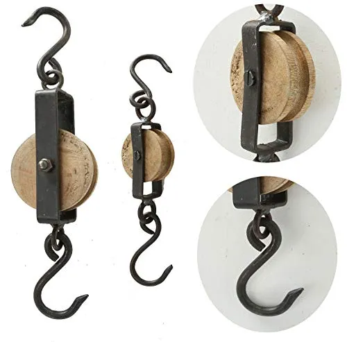 LS-LebenStil 2x Vintage Loft Flaschenzug - Set 2 Stück - 20-27cm - Braun Schwarz - Holz Schiffsblock - Haken Deckenhaken Wandhaken zum Aufhängen für Lampen Pflanzen Blumen Dekoration Umlenkrolle