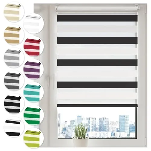 Doppelrollo Klemmfix ohne Bohren 75cm x 100cm Schwarz/Weiß Duo Rollo Klemmrollo Sonnenschutzrollo Fensterrollo für Fenster & Türen Zebrarollo Seitenzugrollo