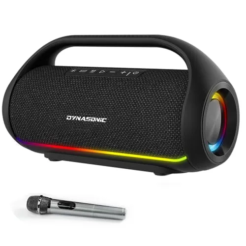 DYNASONIC S90 – IPX7 tragbarer Bluetooth Lautsprecher. Kabelloser Outdoor Lautsprecher. Stereoanlage. Leistungsstarker Soundplayer mit LED-Leuchten. Micro-SD, USB.