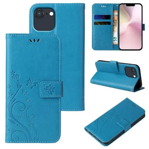 LBH Handy Hülle kompatibel mit Apple iPhone 17e / 16e Case Handytasche Schmetterling Blumen Flower Standfunktion Schutzhülle Magnet Rundum Schutz 360 Grad Flipcase Cover Blau