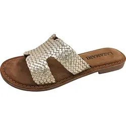 Lazamani Flor Damen Leder-Pantoletten Gold Größe 37 - Elegante Sandalen aus handgeflochtenem Leder mit atmungsaktivem Wildleder-Fußbett für optimalen Komfort. Ideal für stilvolle Sommerlooks und lange Tage.