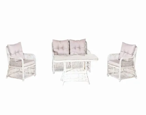 Moderne 4-teilige Gartenmöbel Garnitur - Tisch, Sessel, Hocker, Sofa - Stylisches Lounge Set aus UV-geschütztem Rattan, ideal für entspannte Stunden im Freien. Enthält ein 2-Sitzer Sofa, 2 Sessel und einen Tisch (120 x 70 cm).