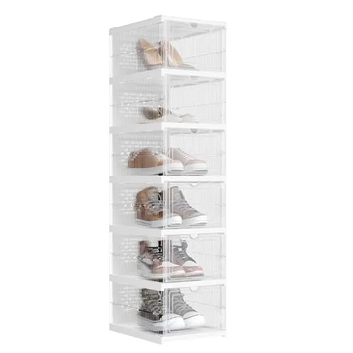 SONGMICS Schuhschrank, mit 6 Schuhboxen, integrierter Schuh-Organizer, faltbar, tragbar, für Schuhe bis Größe 46, 1-Min-Montage, transparent-wolkenweiß LSP205W01