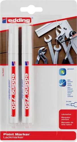 edding 750 Lackmarker - 2 weiße Stifte, Rundspitze 2-4 mm für dauerhafte Markierungen auf Metall, Glas und Kunststoff