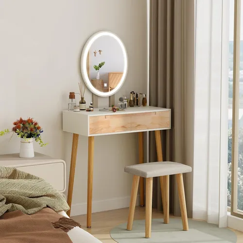 Schminktisch mit LED-Beleuchtung Spiegel 3 Farben, Schminktisch mit Stuhl 70cm - Modern Holzfarbe