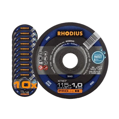 RHODIUS XT67 | 10 Stück Ø 115 mm x 1,0 mm | Trennscheibe Metall | Made in Germany | für Winkelschleifer, Stahl, Eisen, Hartmetall