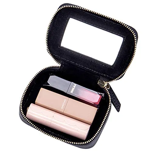 Aileder Mini-Lippenstift-Etui mit Spiegel, echtes Leder, kleine Reise-Make-up-Kosmetiktasche, Aufbewahrungstasche für Frauen und Mädchen, Schwarz