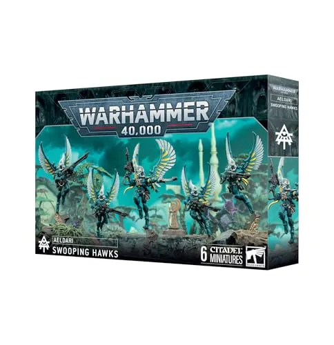 Warhammer 40.000 - Aeldari Swooping Hawks - 40K Miniaturen Set mit 5 Kriegsfalken und 1 Aspektschrein, inklusive 378 Abziehbildern. Ideal für Sammler und Spieler, unbemalt und anpassbar für individuelle Designs.